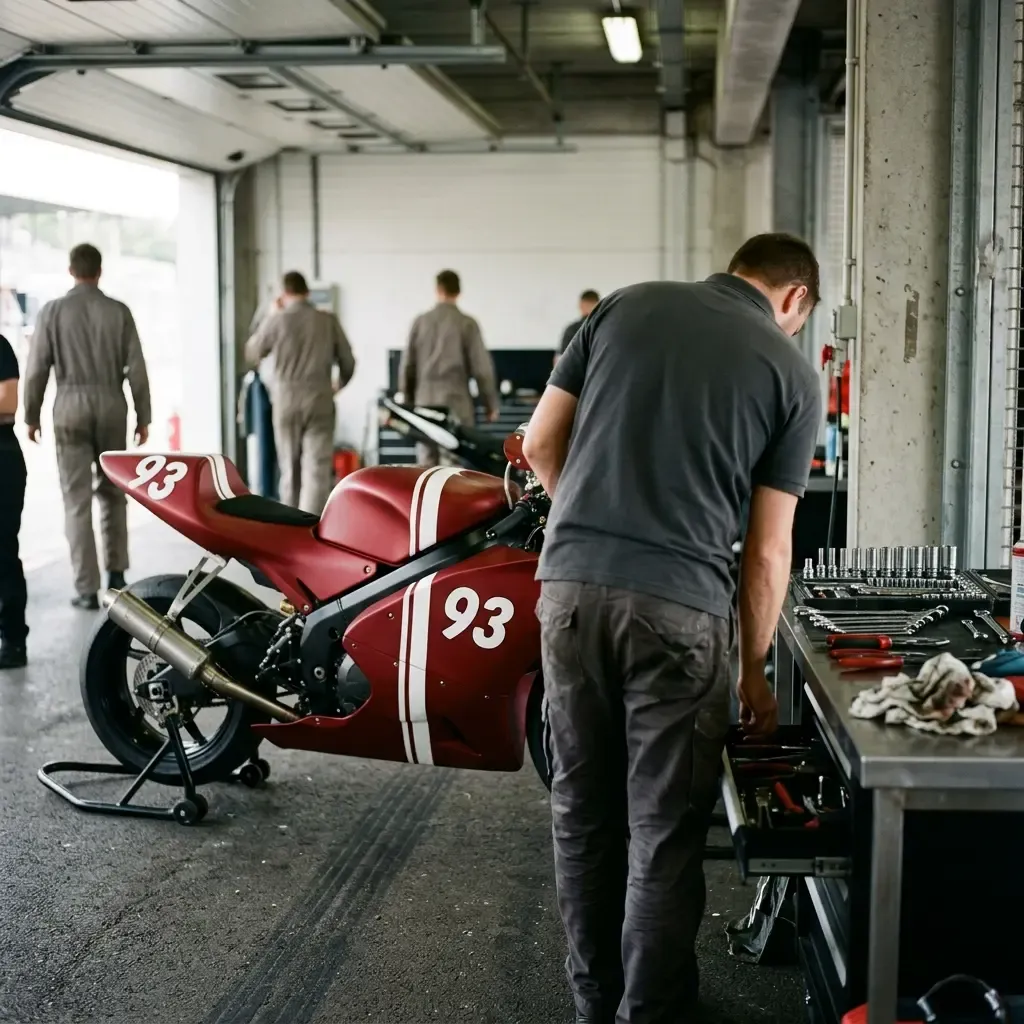 Illustration for our Indonesian GP Sprint story: a racing motorcycle on its rear stand inside the pit garage.