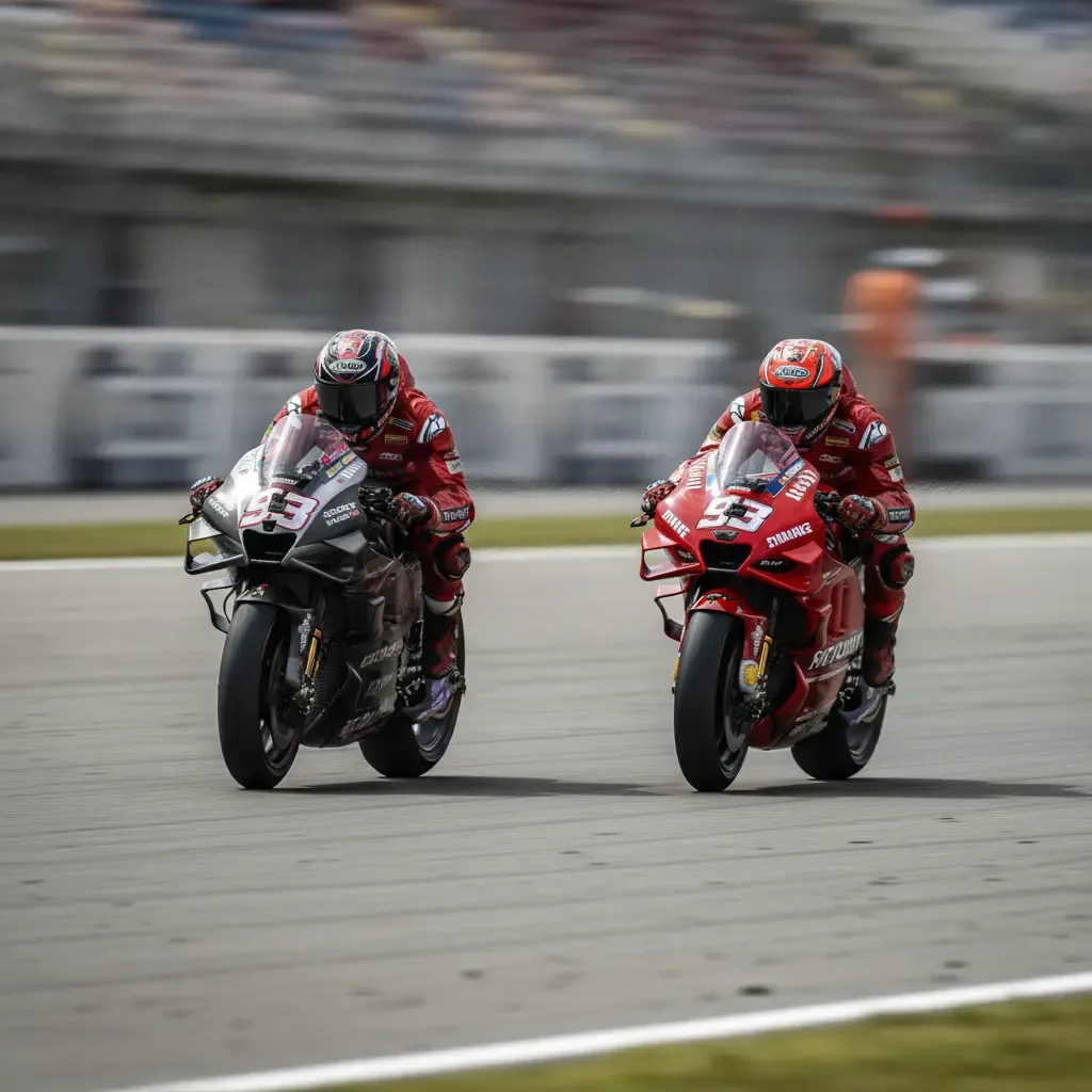 Illustration for our Japanese GP report: two motorcycles from different manufacturers racing closely together.