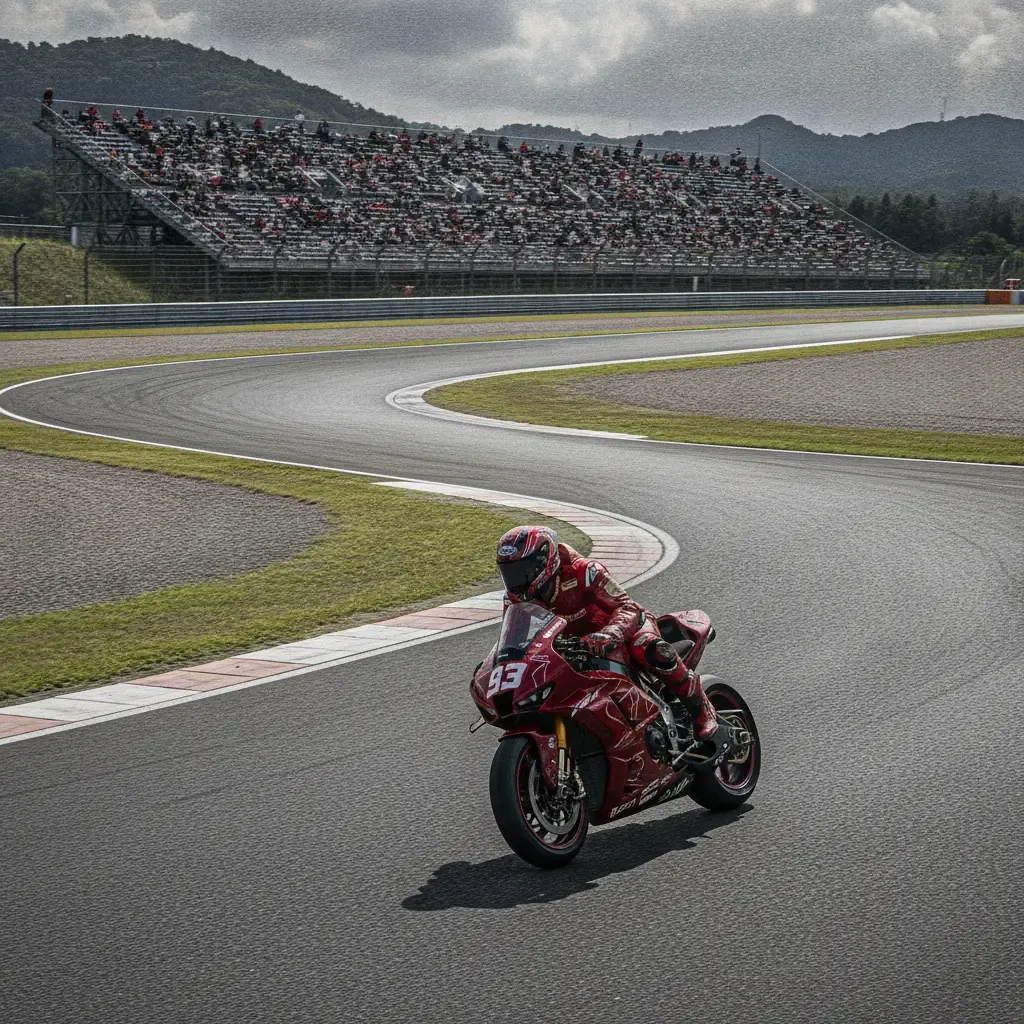 Illustration for our Japanese GP report: a wide view of the Motegi circuit and its grandstands.