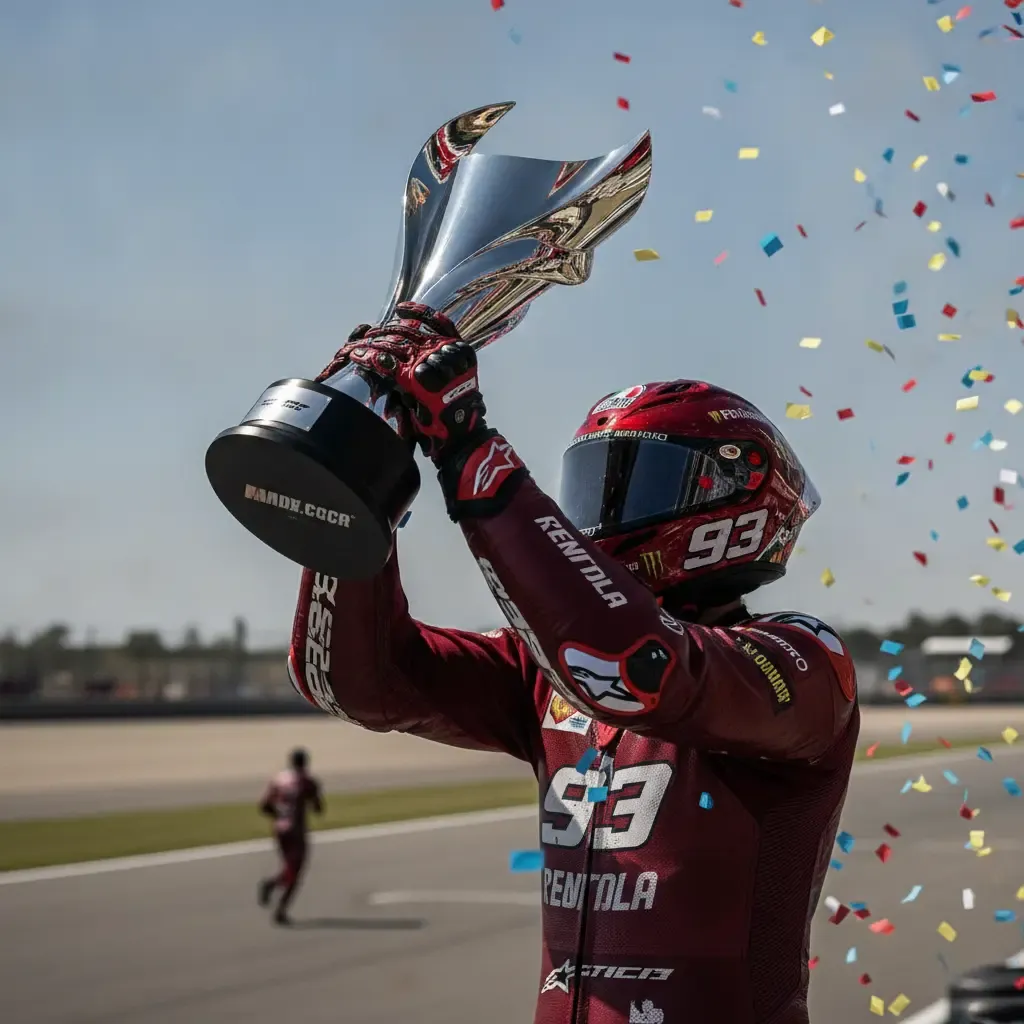 Illustration for our Japanese GP report: a trophy being held aloft on the podium amidst falling confetti.