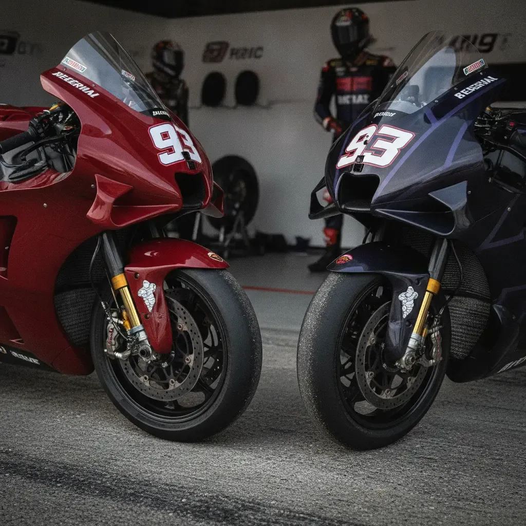 A Ducati and an Aprilia MotoGP bike, representing the two title contenders.