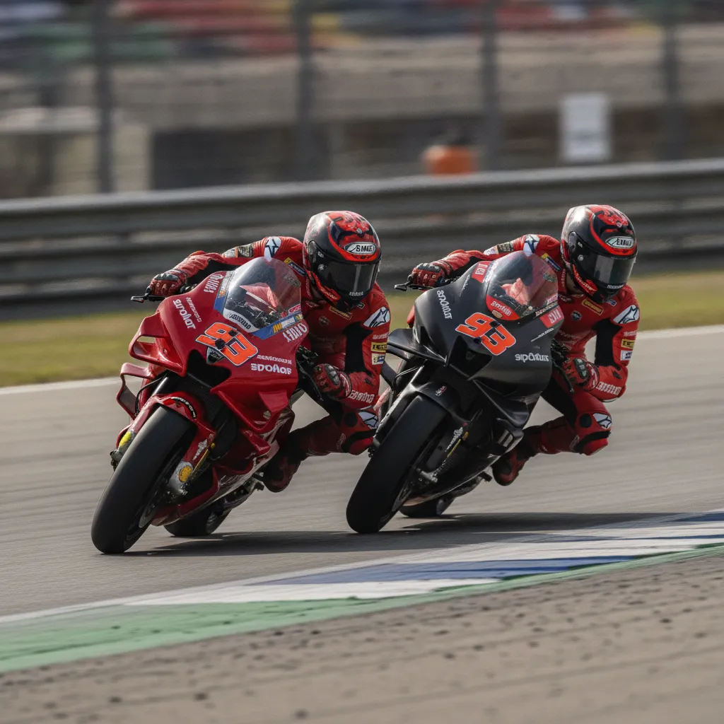 The intense championship battle is represented by a Ducati and an Aprilia racing closely together.