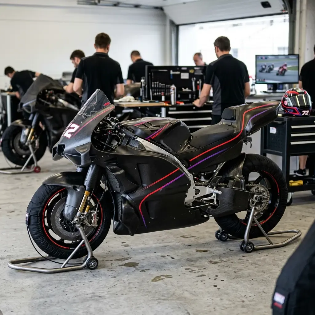 A factory racing motorcycle sits prepared on paddock stands inside the team garage.