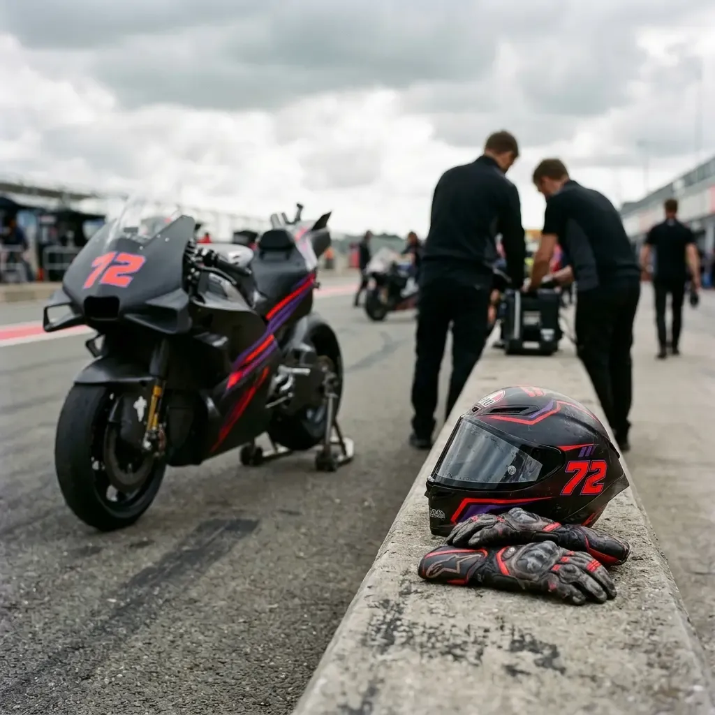 A race helmet and riding gloves rest on the pit wall during a session pause.