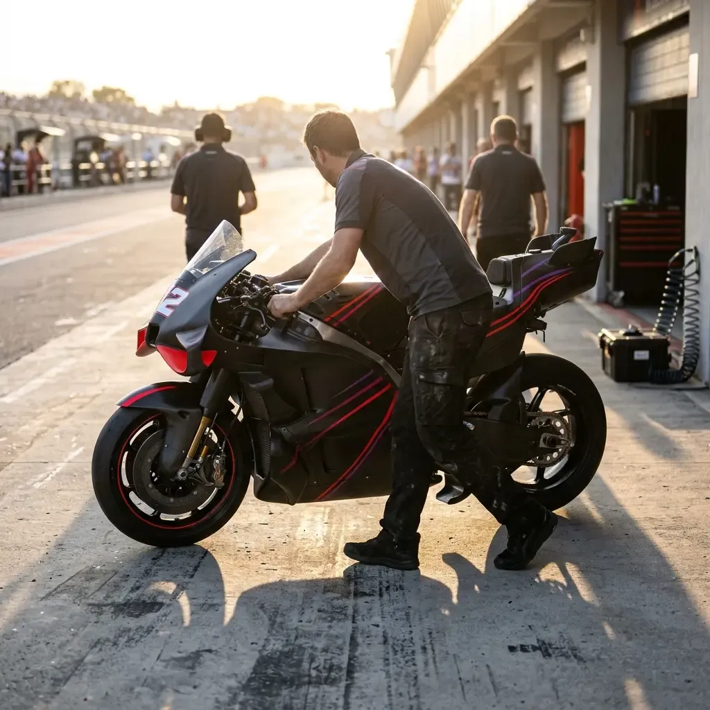 A mechanic wheels a racing motorcycle down the pit lane in evening sunlight.