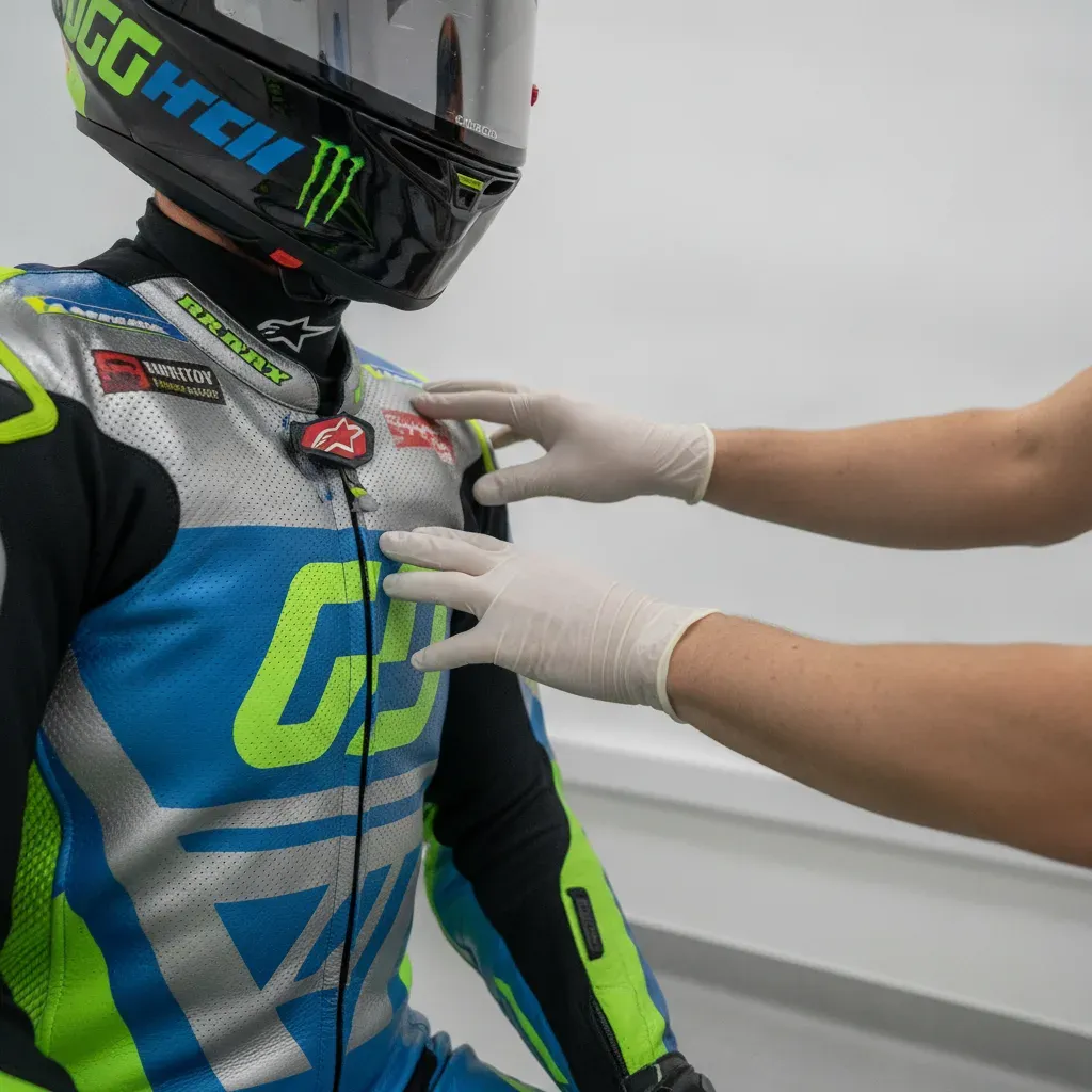 A doctor examines a MotoGP rider's shoulder area in the circuit medical centre.