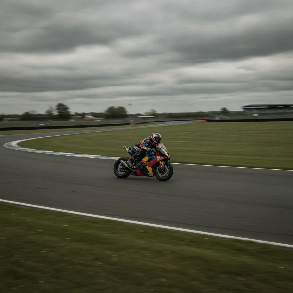 The fast and flowing Maggotts and Becketts section of the Silverstone circuit under a dramatic sky.