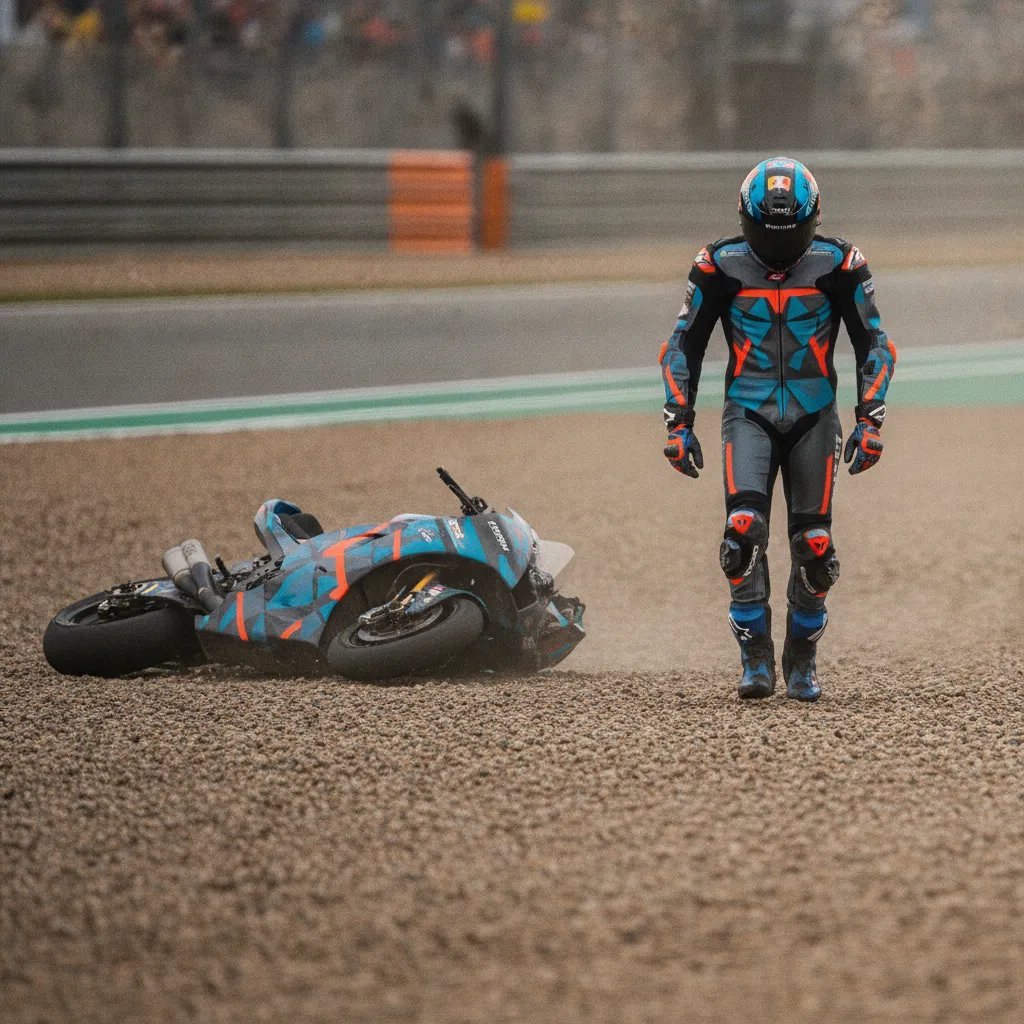 A dejected MotoGP rider walks through a gravel trap, leaving his crashed motorcycle behind.