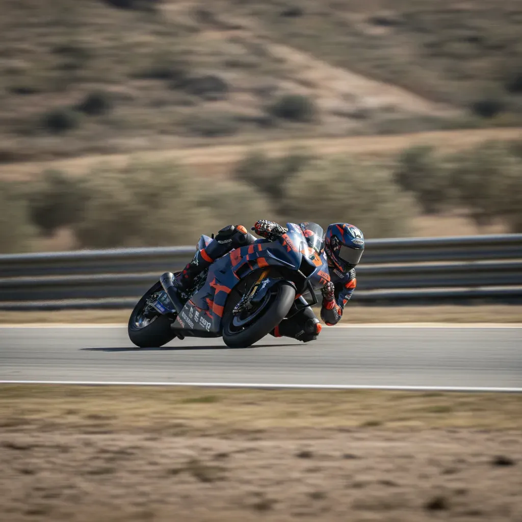 A MotoGP rider at speed, leaning low into a corner during a qualifying lap at the Aragon circuit.