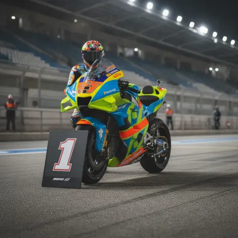 A MotoGP bike with the number one board in front of it, indicating it has secured pole position for the race.
