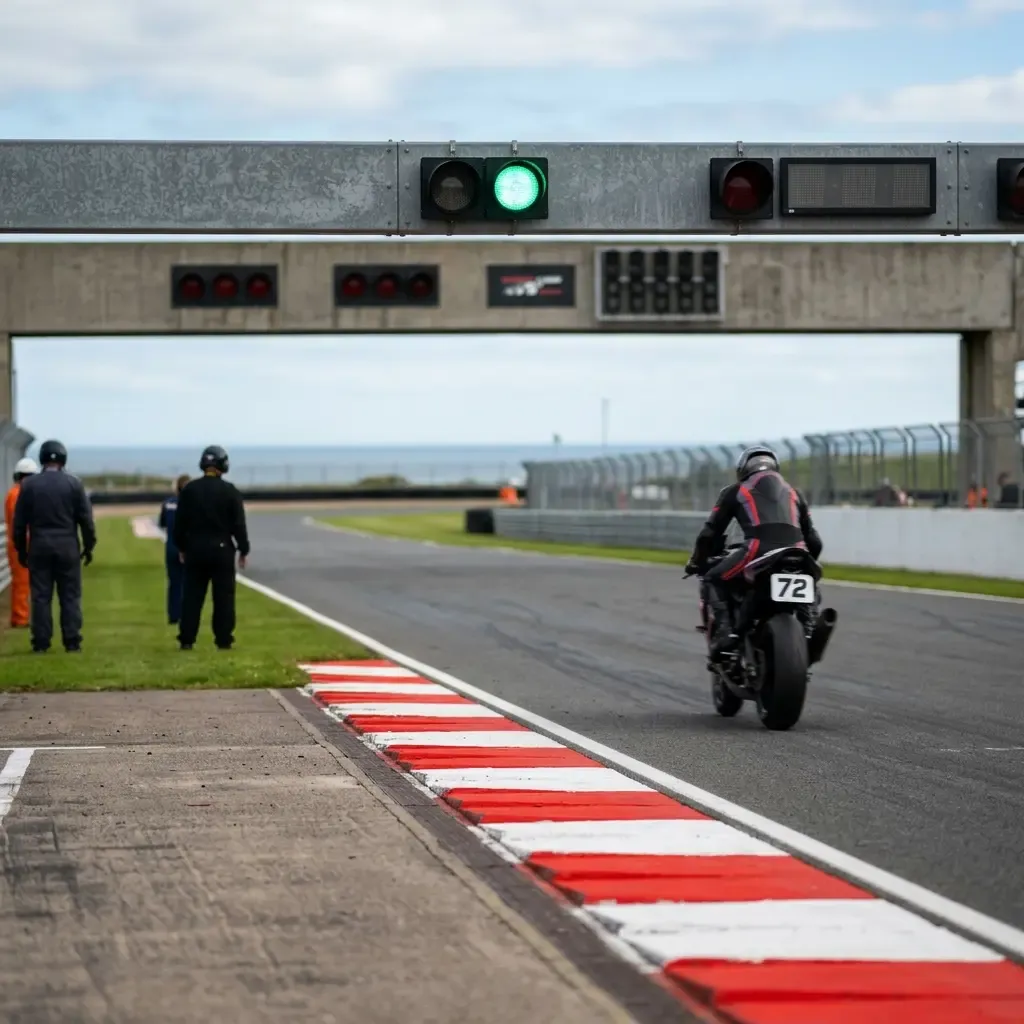 Illustration for our Australian GP Practice story: the pit lane exit light illuminated green beside the circuit kerbs.