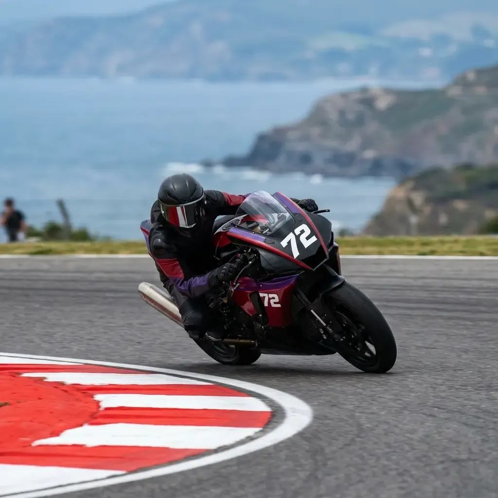 Illustration for our Australian GP Practice story: a rider leaning hard through a sweeping coastal corner.