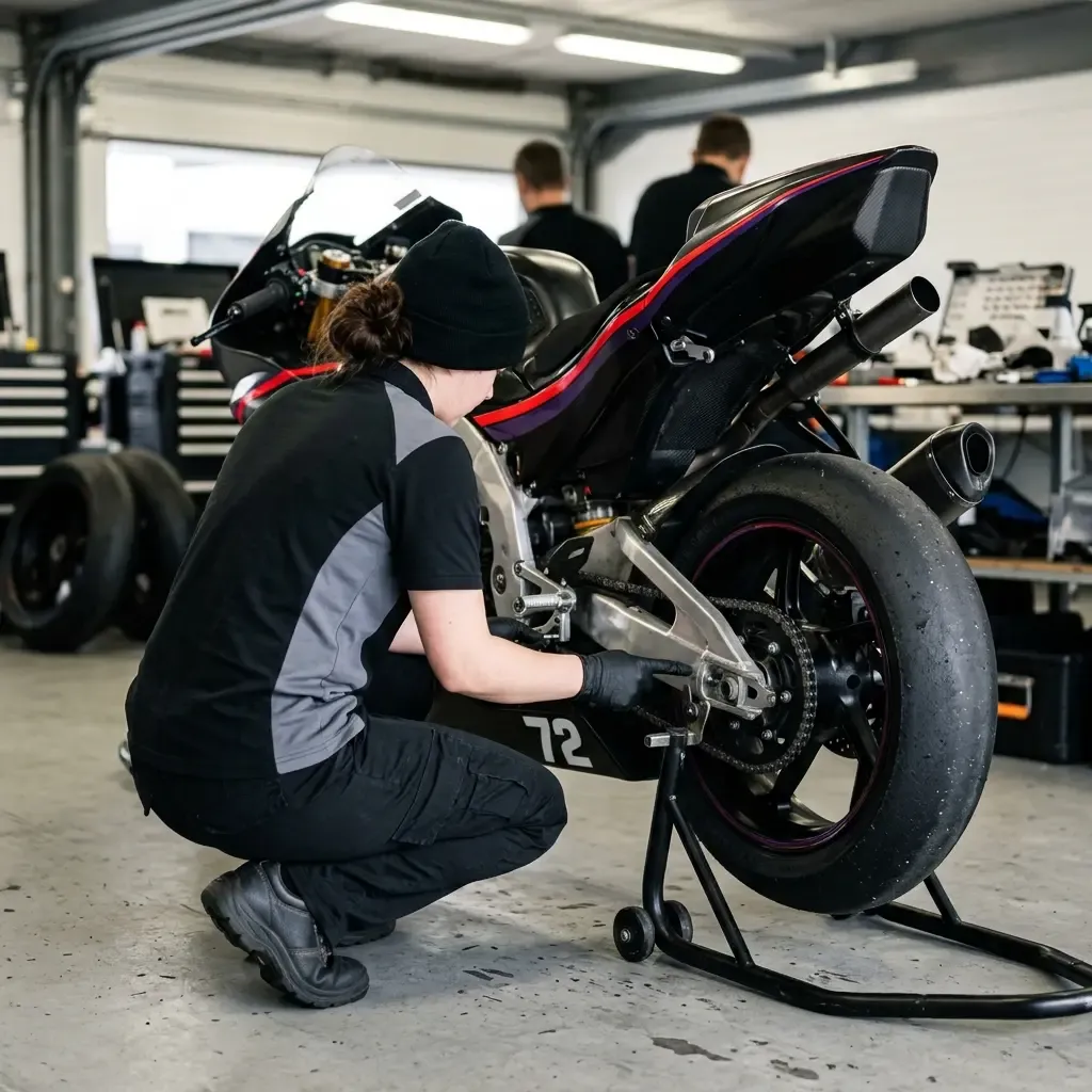 Illustration for our Australian GP Practice story: a team mechanic inspecting the rear assembly of a motorcycle.