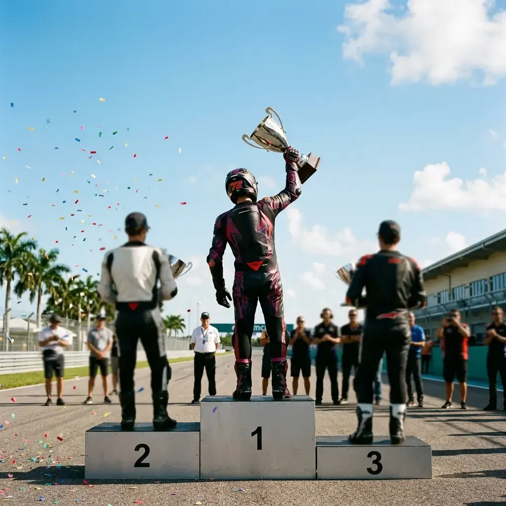 Illustration for our Indonesian Grand Prix story: a race winner holding a trophy on the podium.