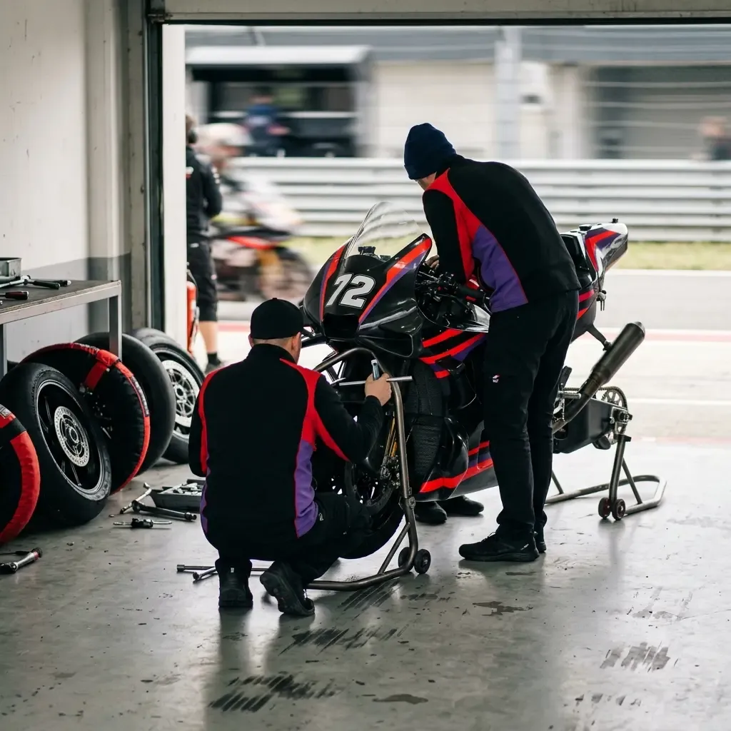 Illustration for our Indonesian Grand Prix story: pit garage mechanics working around a racing bike.
