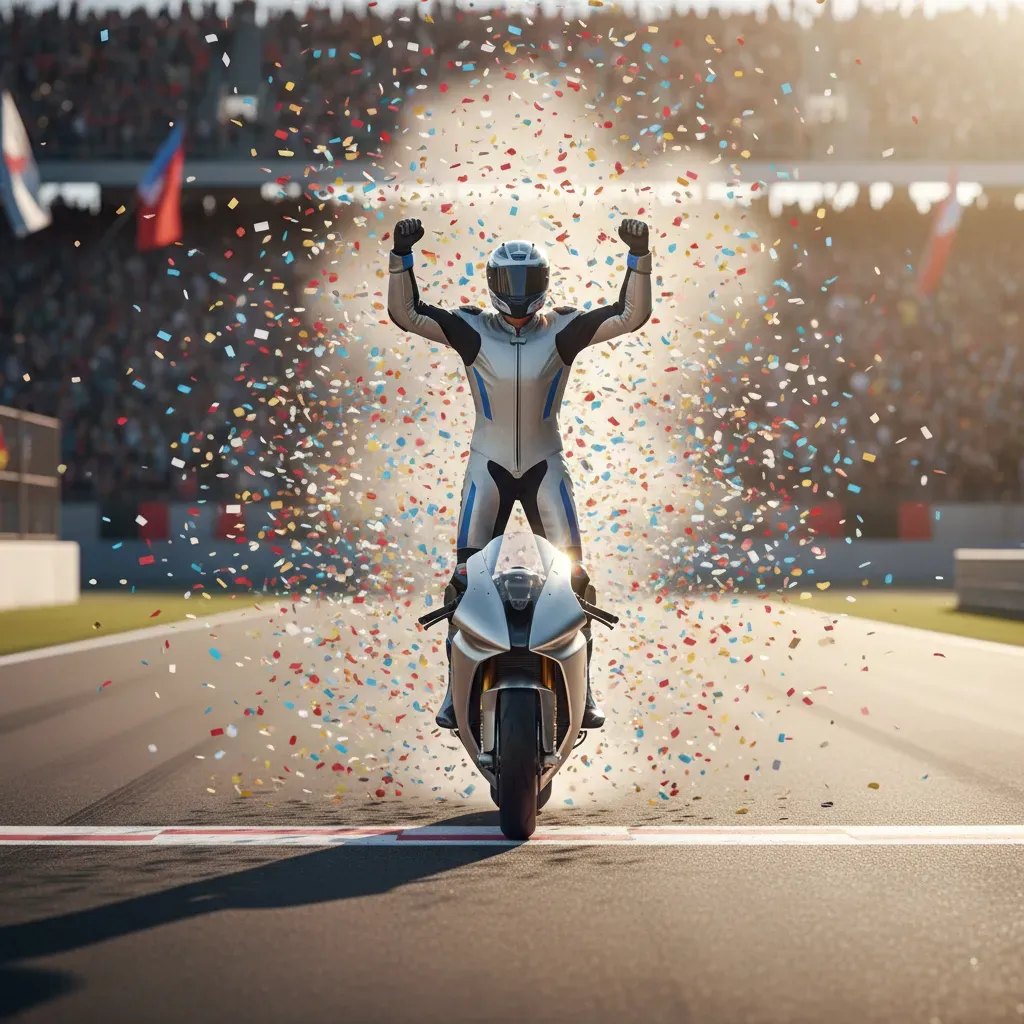 A rider in plain silver and blue leathers stands on the footpegs of his generic prototype motorcycle, punching the air i