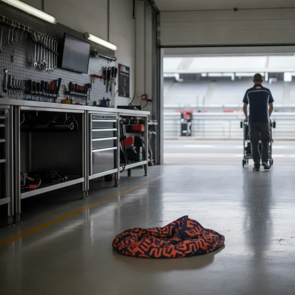 An empty pit garage, symbolising a rider's absence from the MotoGP grid due to injury.