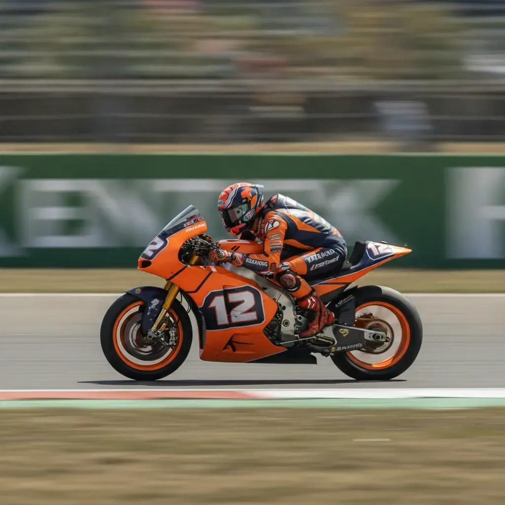 A Red Bull KTM Tech3 motorcycle at speed during a MotoGP race weekend.
