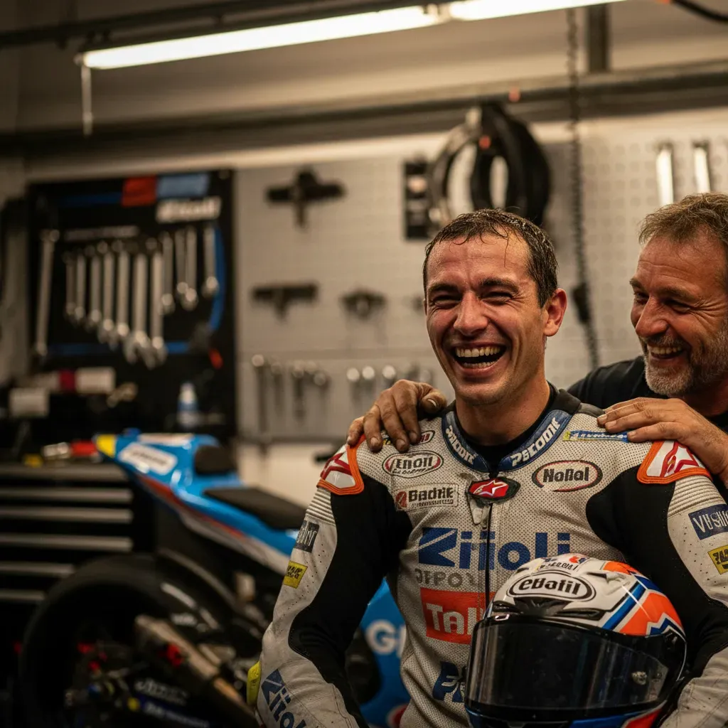 A candid, close-up moment inside a brightly lit pit garage. An anonymous rider, helmet off and hair damp with sweat, is