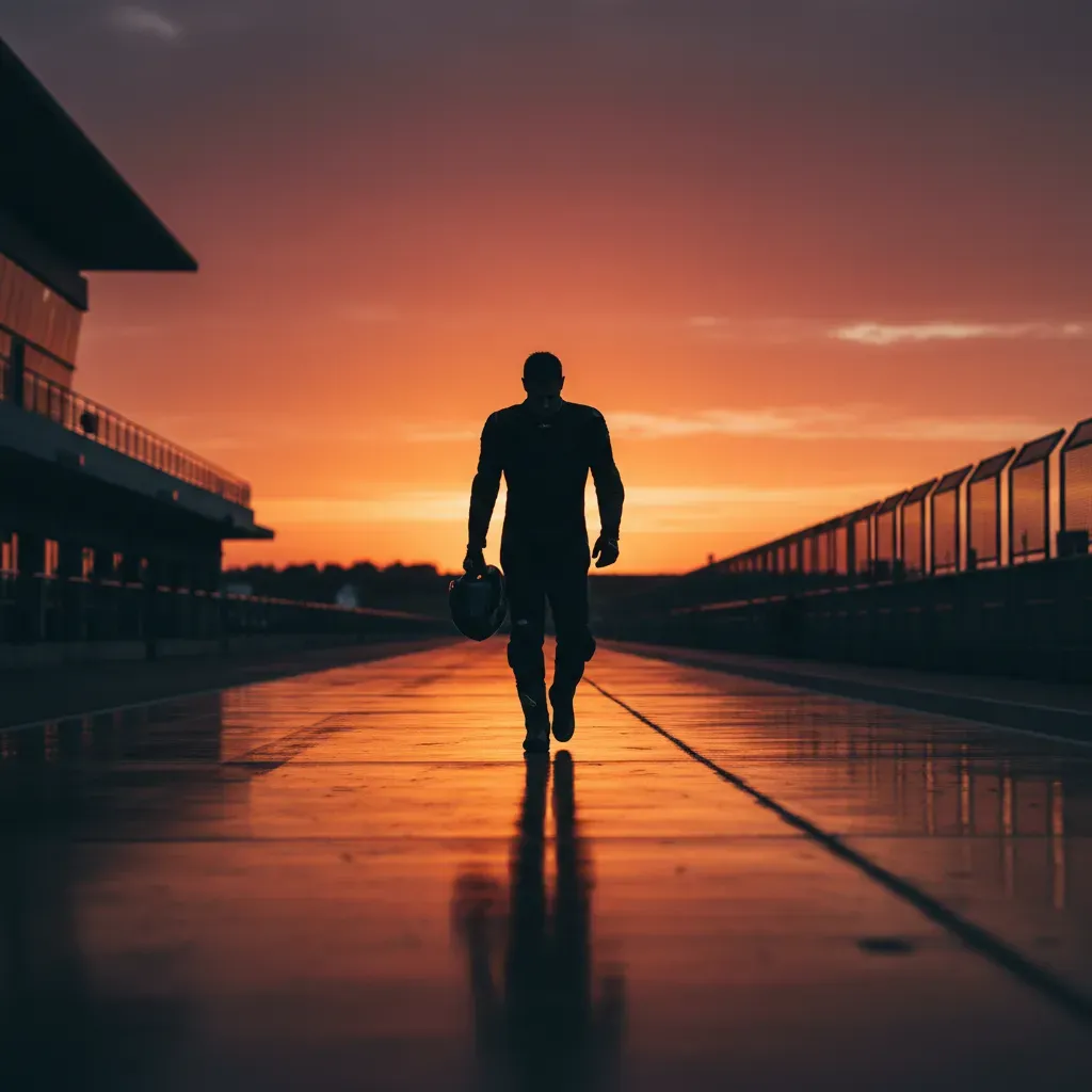 An atmospheric, wide shot of a lone, anonymous rider in plain racing leathers walking slowly down a deserted pit lane at