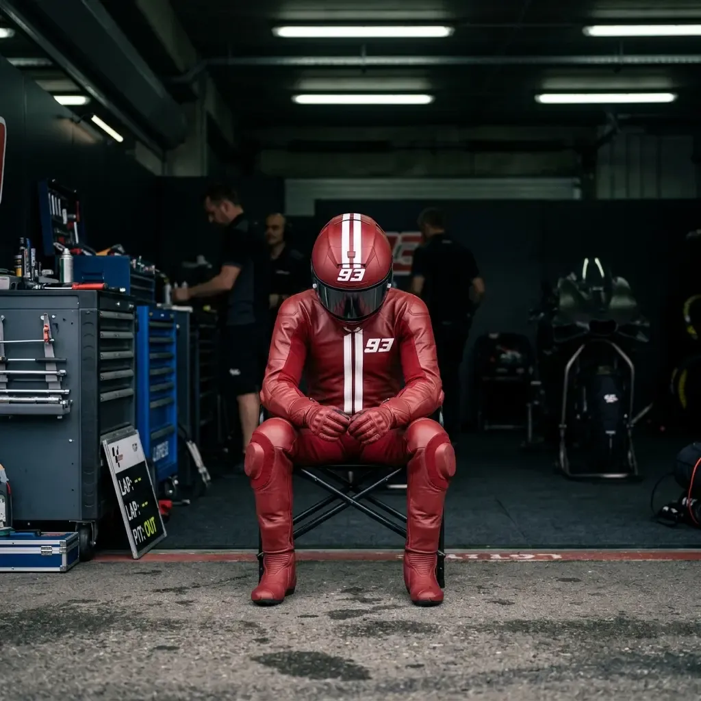 A rider in red leathers and a red helmet with the number 93 sits on a folding chair in the garage, head bowed.