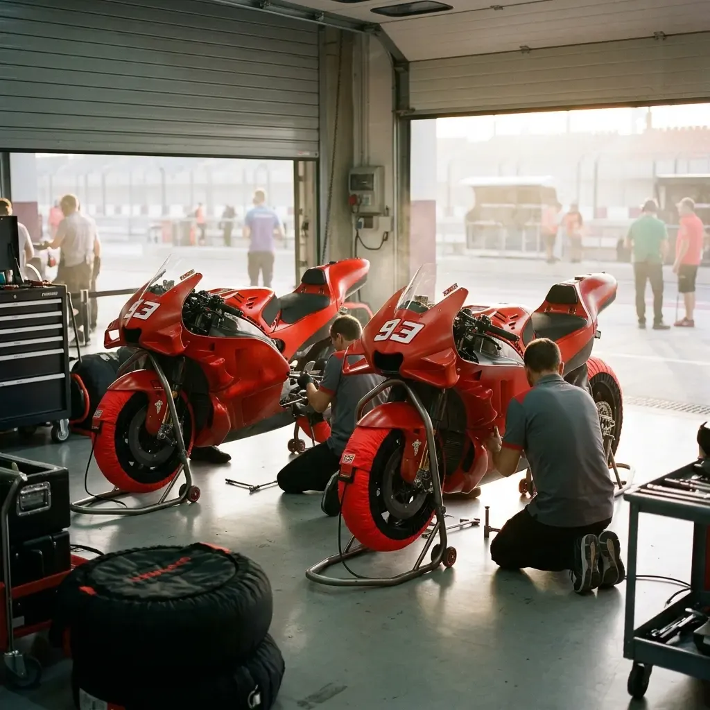 Two factory racing motorcycles rest on paddock stands with tyre warmers inside the team pit garage.