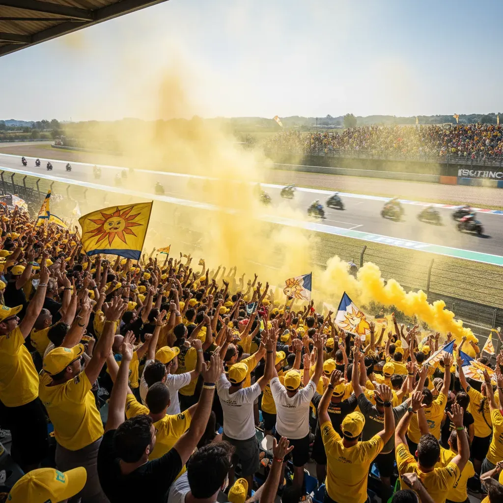 A wide shot from behind the main grandstand at Misano, looking out over the track. Thousands of fans, a vibrant tapestry