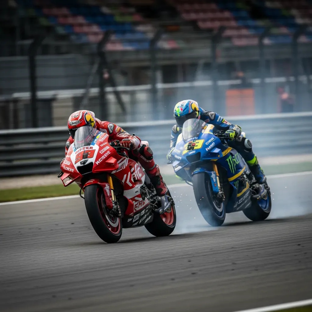 A tight, action shot focusing on two motorcycles braking heavily into the sharp Turn 14 hairpin at Misano. The lead bike