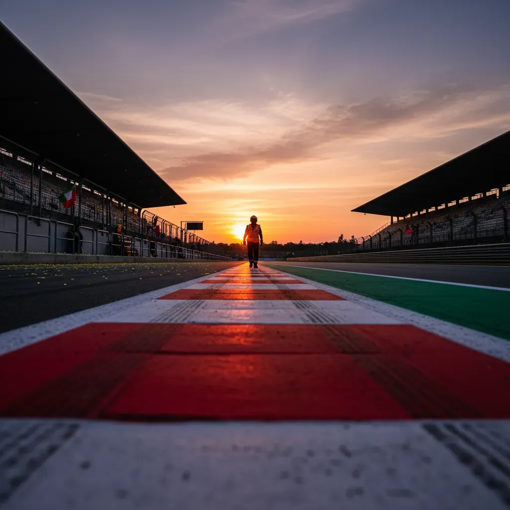 The sun sets over the Misano circuit after a race. The grandstands are emptying, littered with yellow confetti and flags