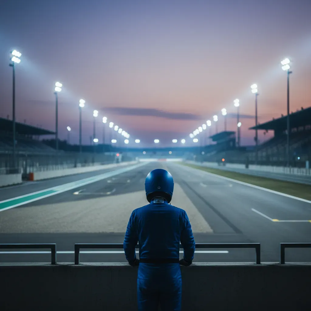 From behind, a lone team member in a simple blue uniform stands at the pit wall, looking down the main straight of an em