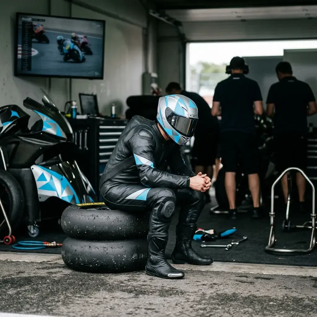 A quiet, intense moment in a dimly lit MotoGP garage before a race. A rider in plain leathers, helmet on the table besid