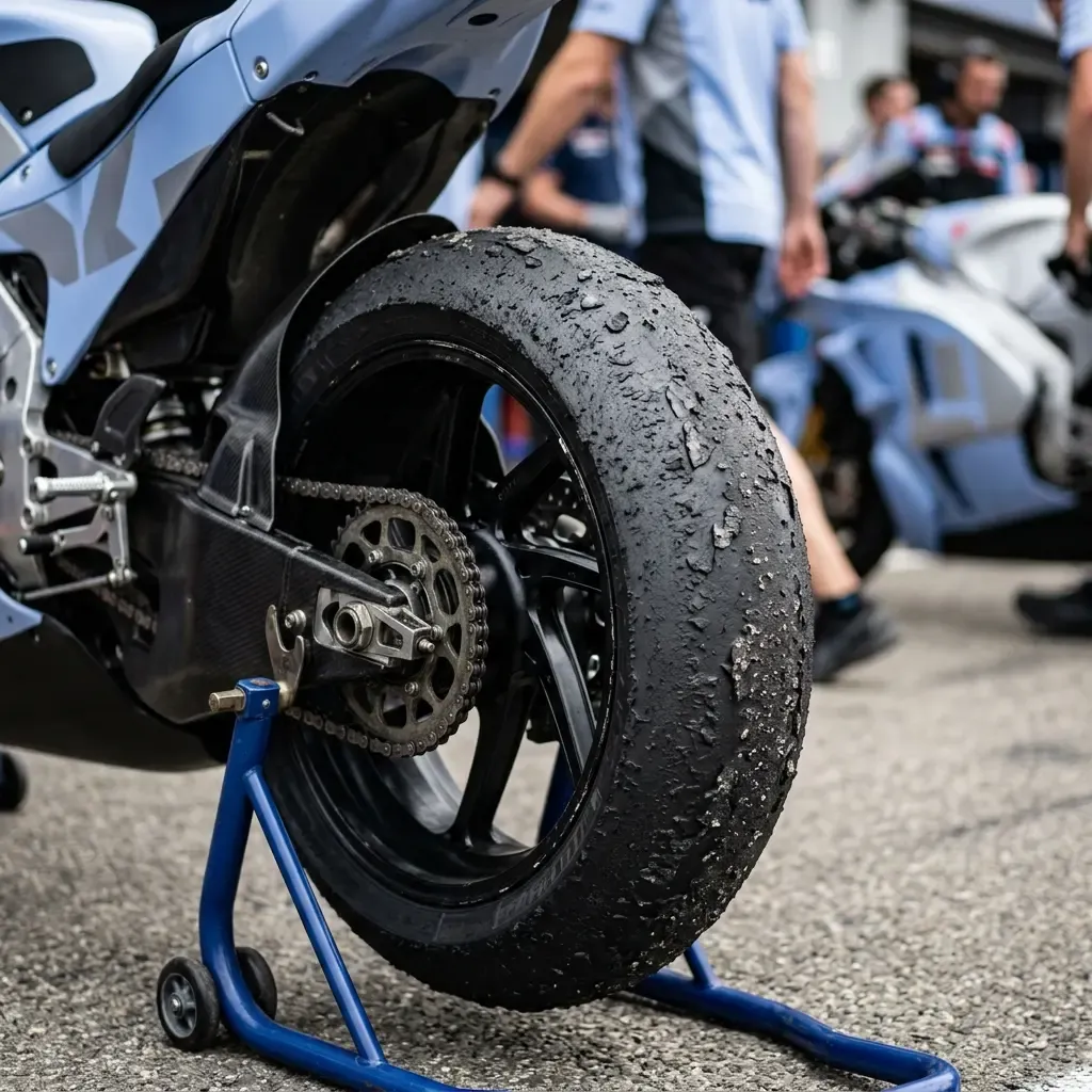 A ground-level, macro shot focusing on the rear tyre of a prototype racing motorcycle parked in the pit lane after a gru