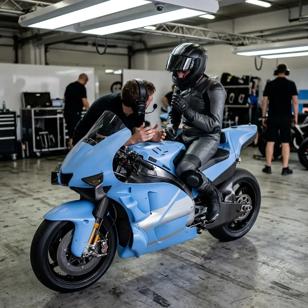 An atmospheric shot in parc fermé after a race. Two rival riders from different teams, their race suits unzipped and hel