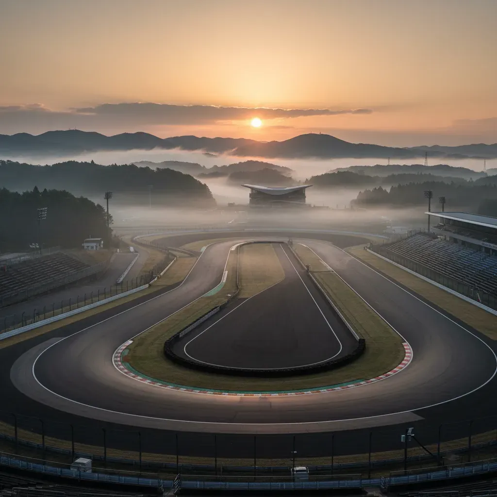 An atmospheric wide shot of the Mobility Resort Motegi circuit at dawn. Mist clings to the Tochigi hills in the backgrou