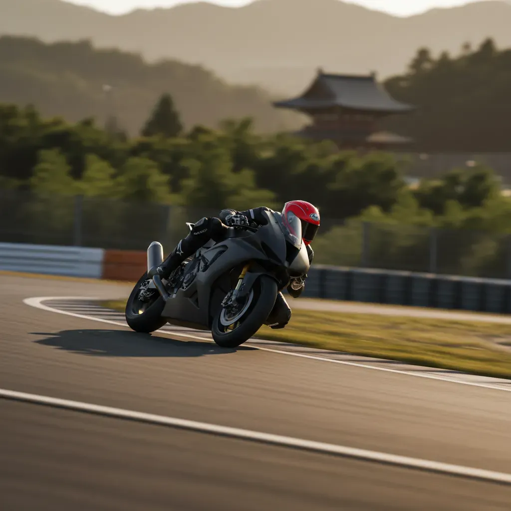 A dynamic action shot capturing a motorcycle leaned over through Turn 5 at Motegi. The camera is positioned to emphasize