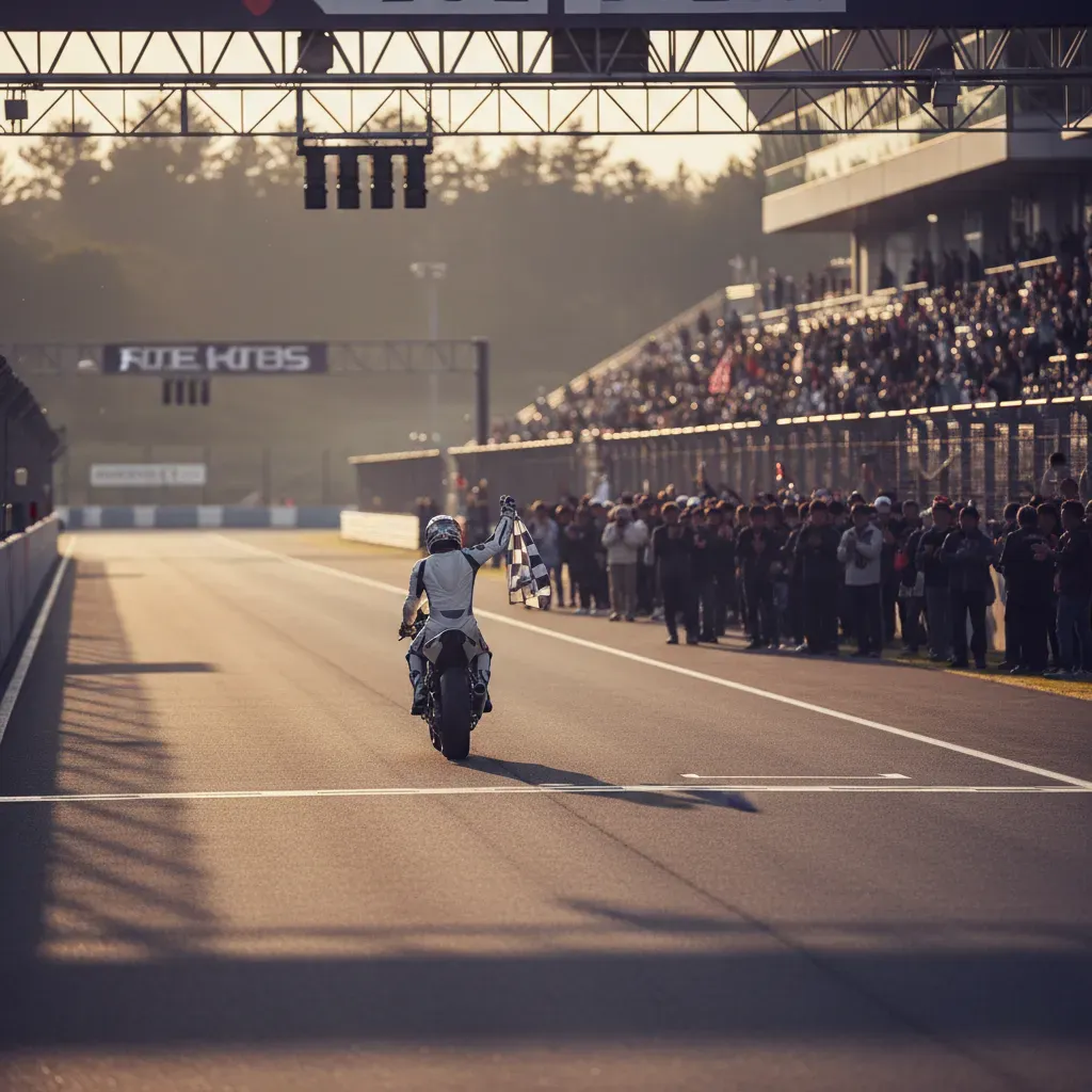 An evocative shot from behind the finish line at Motegi, looking back towards the 'Victory' corner. A lone rider in neut