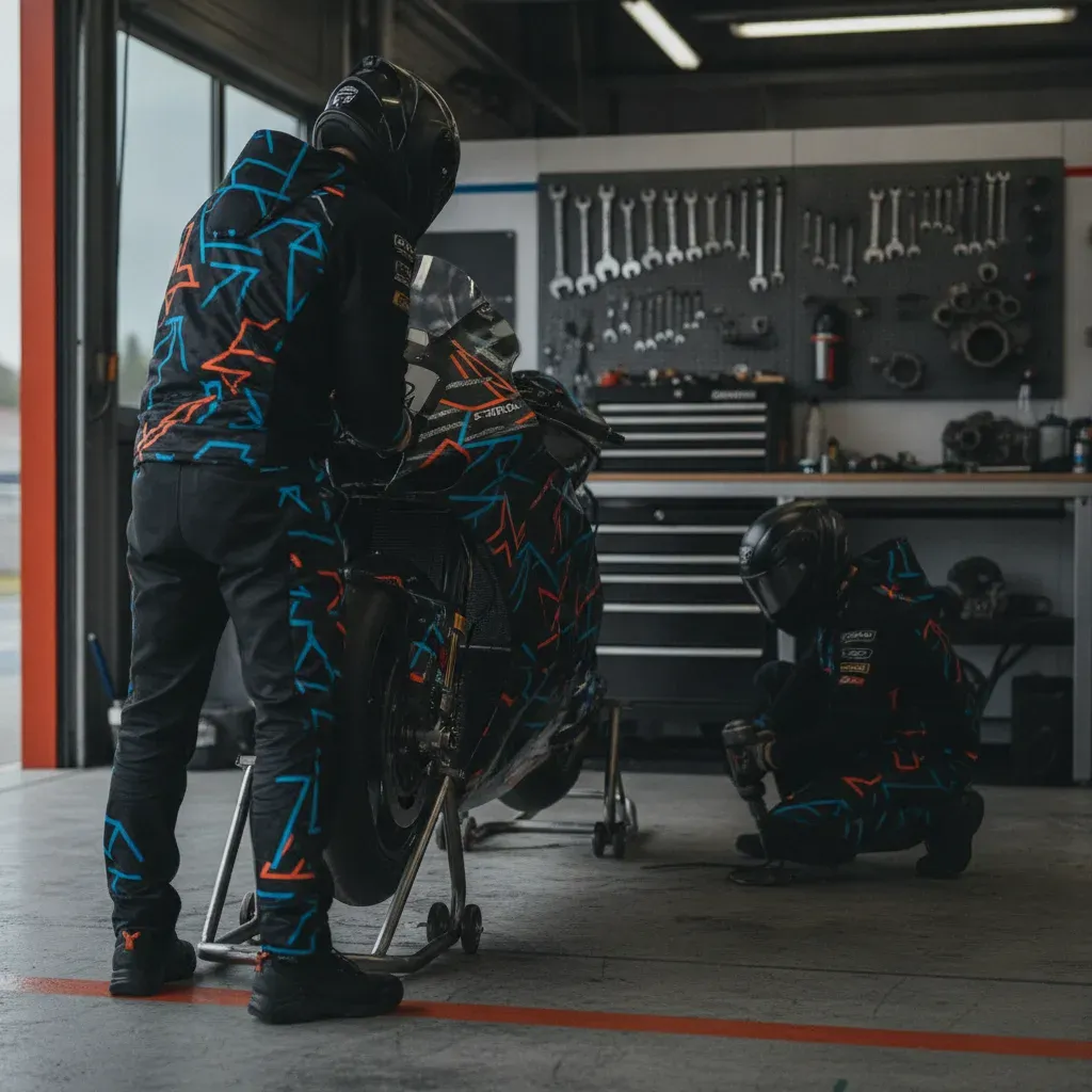 Mechanics work on a motorcycle inside a professional MotoGP pit garage, highlighting the team aspect of the sport.