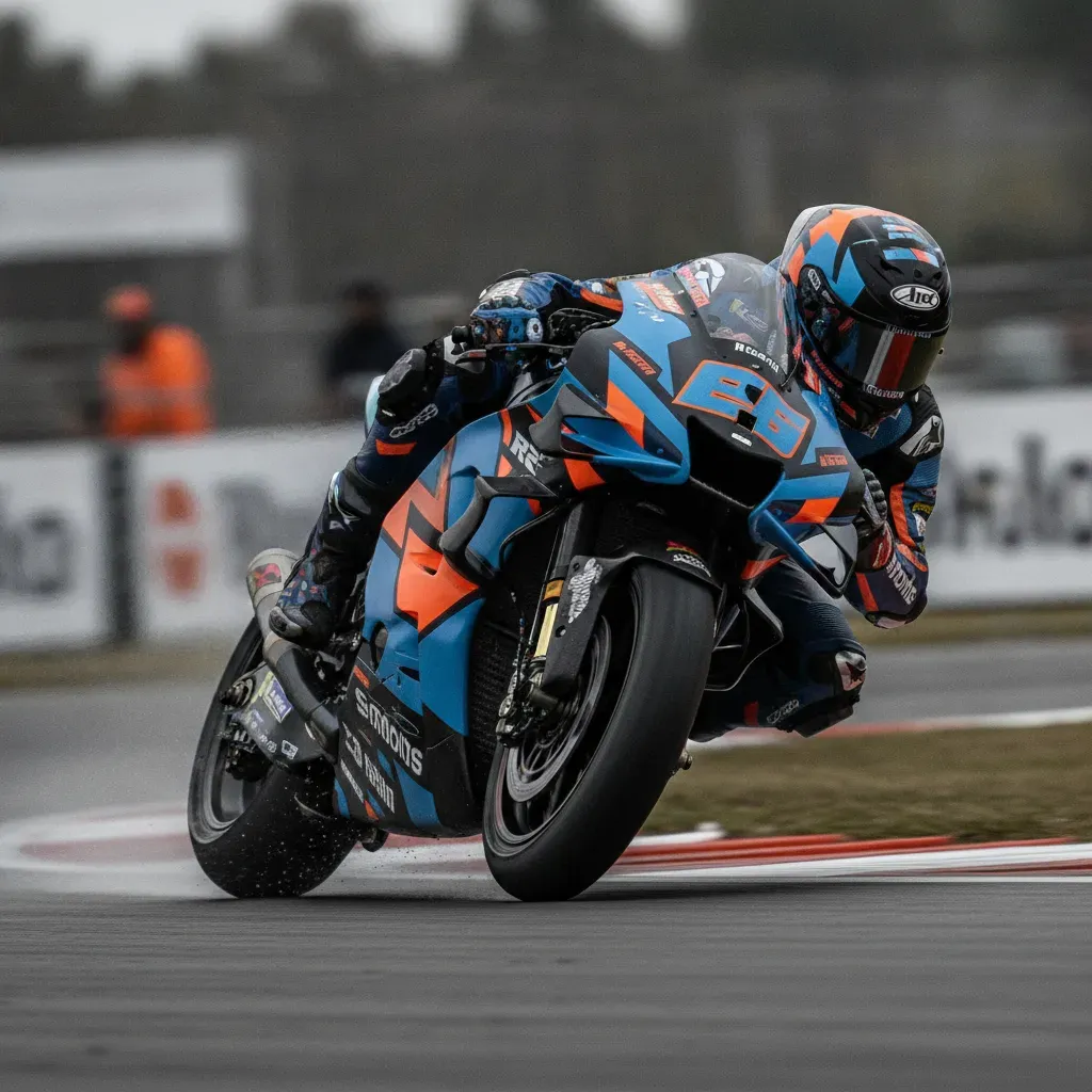 A group of MotoGP bikes accelerate hard from the starting line, their front wheels lifting slightly.