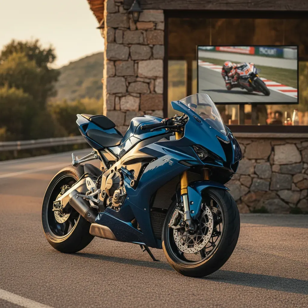A sleek, unbranded superbike is parked perfectly on a sun-drenched, winding coastal road, its glossy paint gleaming. In 