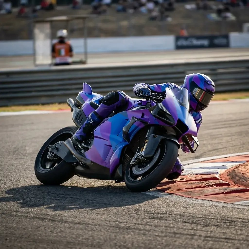 A rider on a purple-and-blue MotoGP bike leans hard into a corner over a red-and-white kerb, a marshal watching from a post behind.