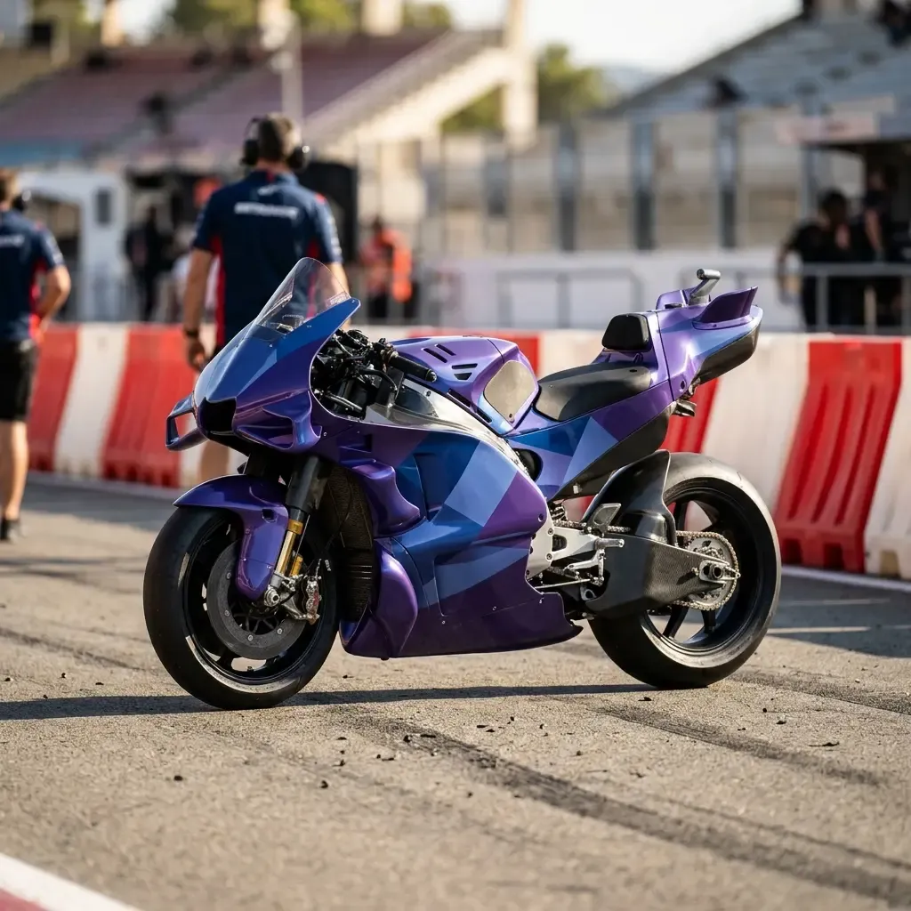 A purple-and-blue MotoGP bike sits on stands in the pit lane next to a red-and-white barrier as crew members walk past.