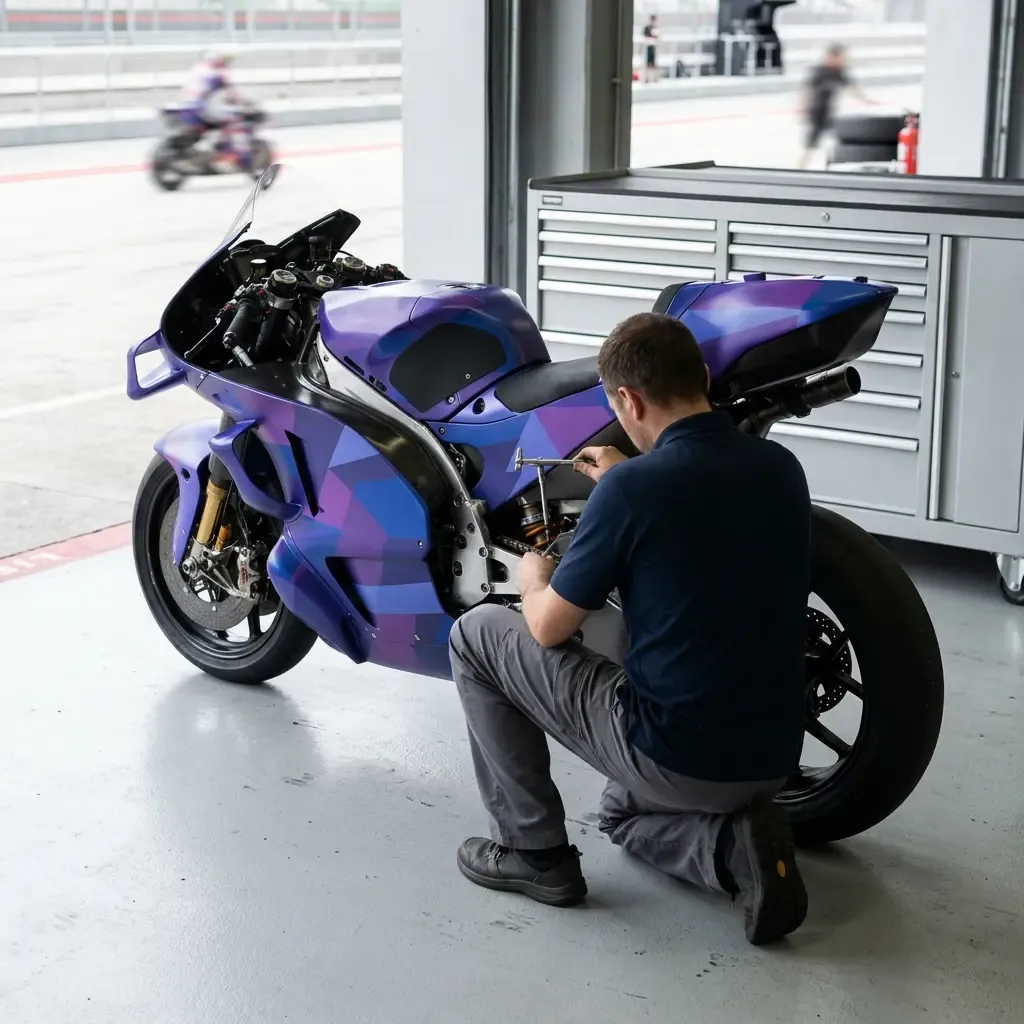 A mechanic crouches beside a purple-and-blue MotoGP bike in a clean white garage.