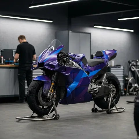 A purple-and-blue MotoGP bike on paddock stands in a team garage, with mechanics working at the benches behind it.