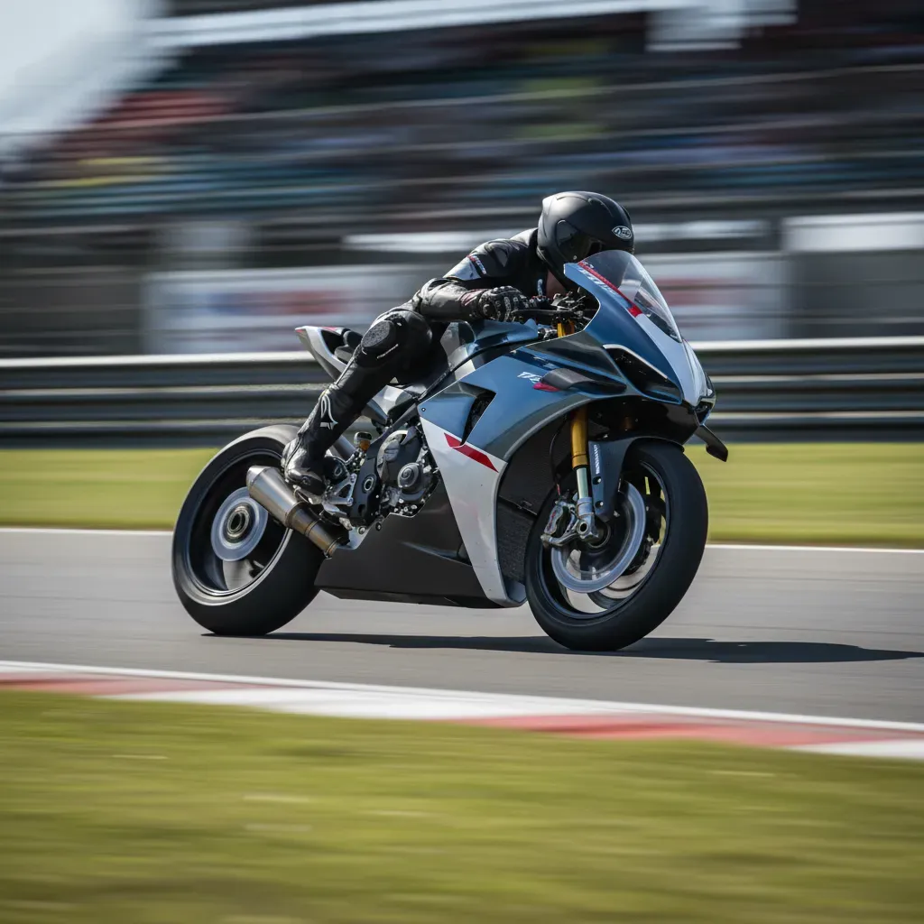 A high-speed panning shot captures a racing motorcycle at full lean through a long, sweeping corner. The image is taken