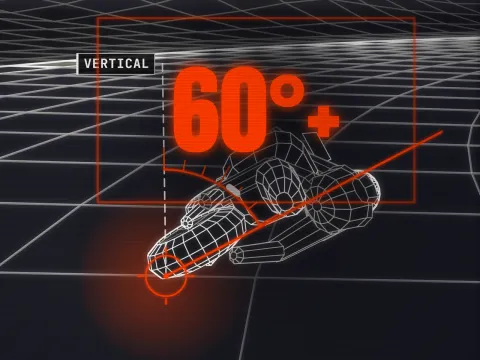 Wireframe drawing of a MotoGP bike leaned far over in a corner, with an orange angle marker reading 60°+ from the vertical.