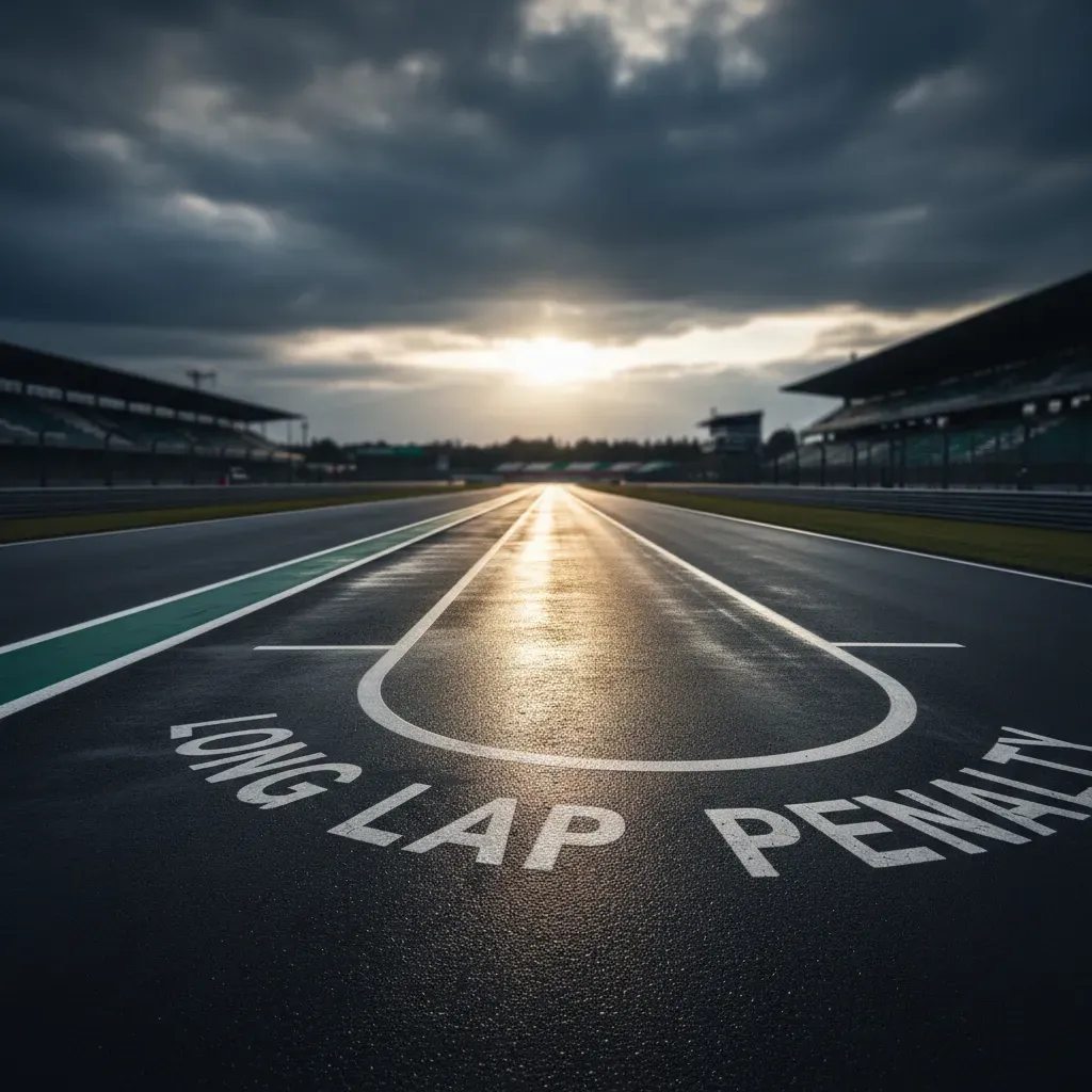 A wide, atmospheric shot of an empty Long Lap Penalty loop just after a rain shower. The sun is breaking through dark cl