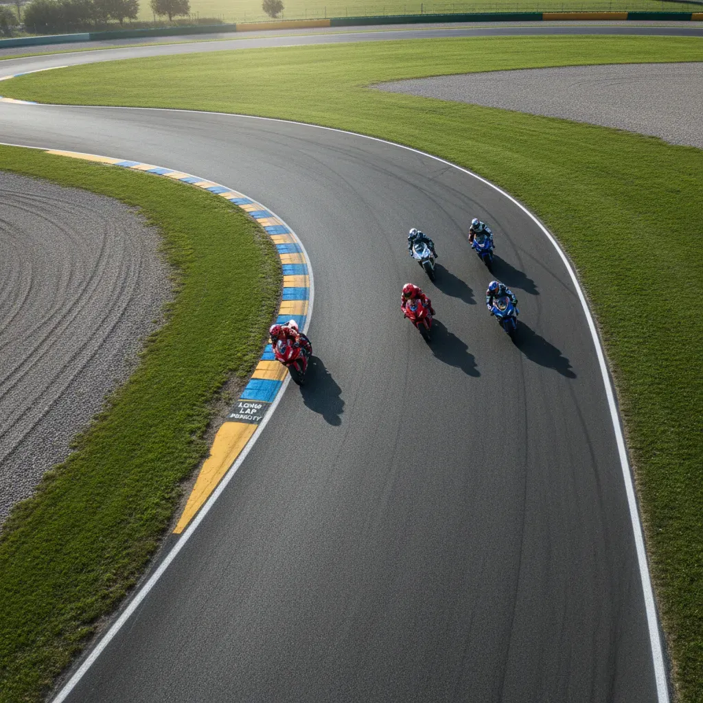 An overhead drone view showing a rider in unbranded red leathers peeling off the main group of racers. The rider's bike 