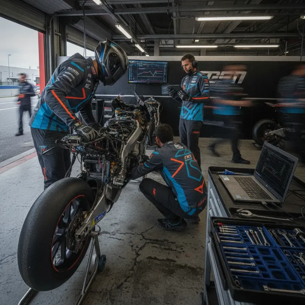 A busy MotoGP pit garage with several mechanics working together on a complex racing motorcycle.