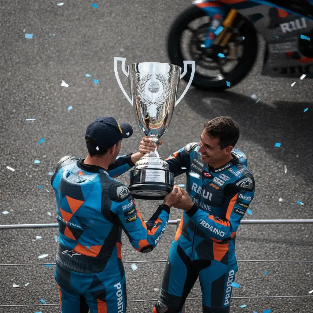 Two team members celebrate on a podium, holding aloft the large silver trophy for the MotoGP Constructors' Championship.