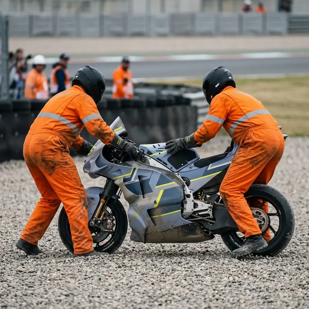 Two marshals work together to recover a crashed MotoGP motorcycle from a gravel trap.